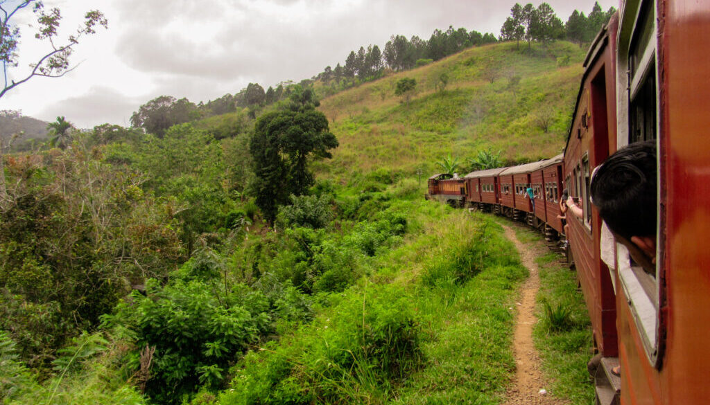 Train trip view from Kandy among tea plantations in the highlands of Sri Lanka